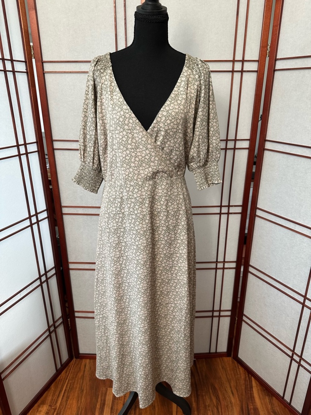 Lulu's Taupe Floral Wrap-Style Midi Dress